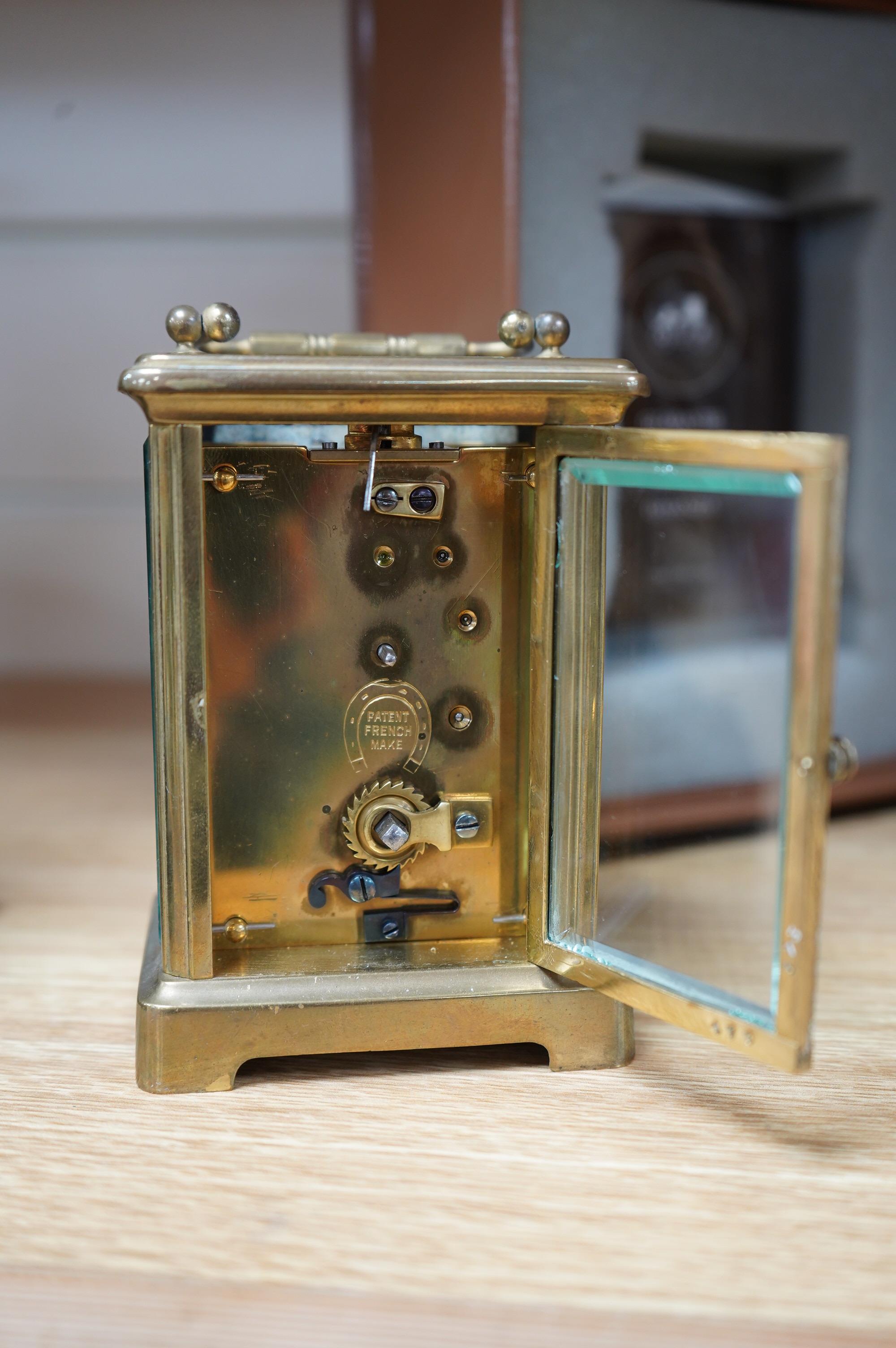 Three brass carriage timepieces (one a.f.), tallest 12.5cm. Condition - fair to good, one missing balance platform.